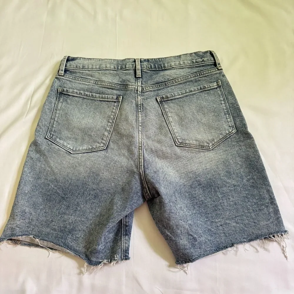 Old Navy Long Denim Bermuda Shorts Jorts Distressing Raw Hem Women's Size 12 - Picture 3 of 7